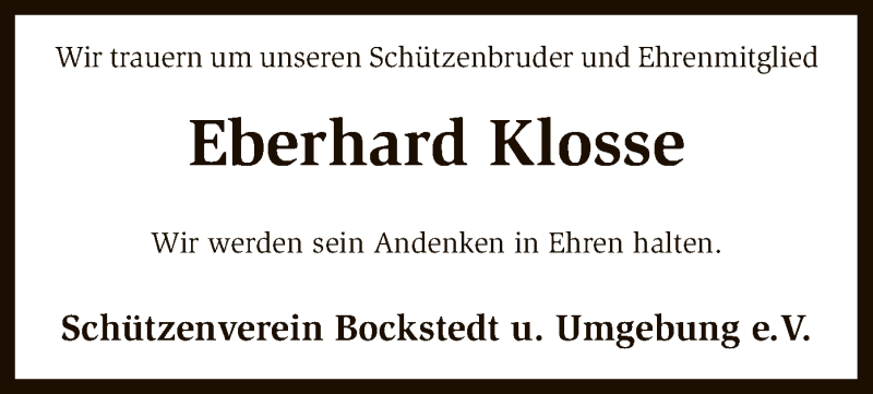  Traueranzeige für Eberhard Klosse vom 25.07.2017 aus SYK