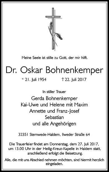 Traueranzeige von Oskar Bohnenkemper von SYK