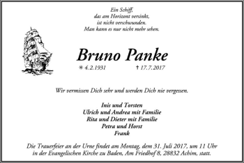 Traueranzeige von Bruno Panke von SYK