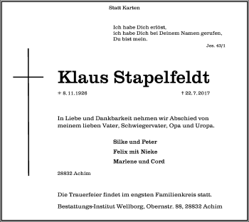 Traueranzeige von Klaus Stapelfeldt von SYK