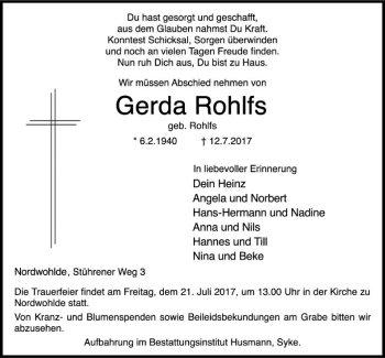 Traueranzeige von Gerda Rohlfs von SYK