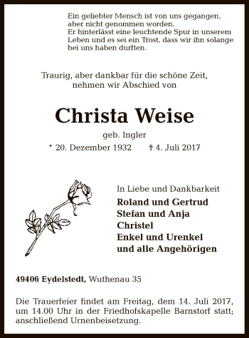 Traueranzeige von Christa Weise von SYK