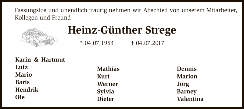  Traueranzeige für Heinz-Günther Strege vom 08.07.2017 aus SYK