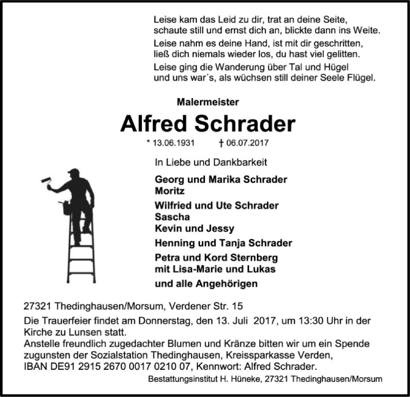  Traueranzeige für Alfred Schrader vom 10.07.2017 aus SYK