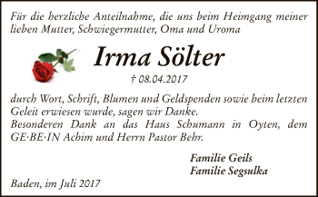 Traueranzeige von Irma Sölter von SYK