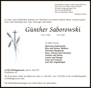 Traueranzeige von Günther Saborowski von SYK