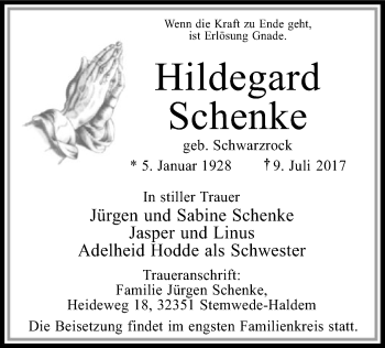 Traueranzeige von Hildegard Schenke von SYK