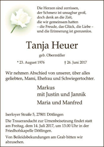 Traueranzeige von Tanja Heuer von SYK