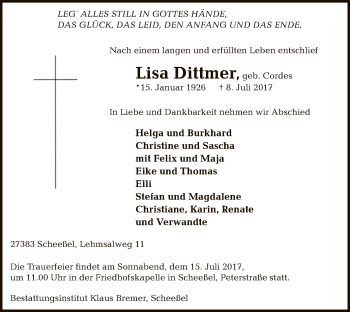 Traueranzeige von Lisa Dittmer von SYK