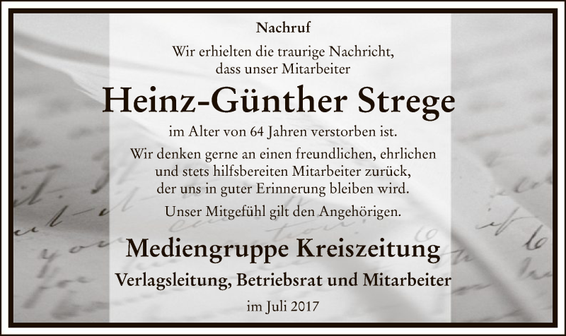  Traueranzeige für Heinz-Günther Strege vom 07.07.2017 aus SYK