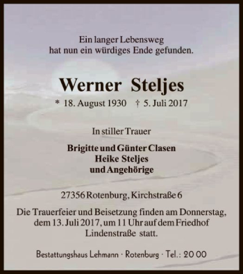 Traueranzeige von Werner Steljes von SYK