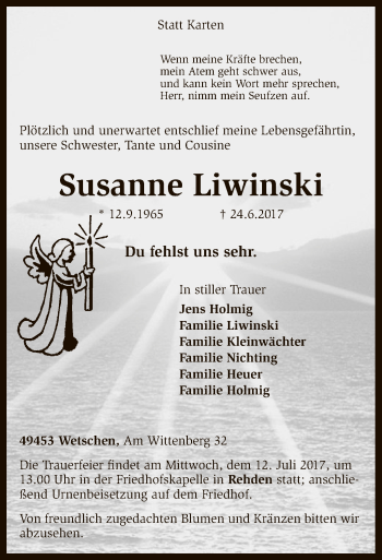 Traueranzeige von Susanne Liwinski von SYK