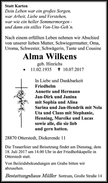 Traueranzeige von Alma Wilkens von SYK