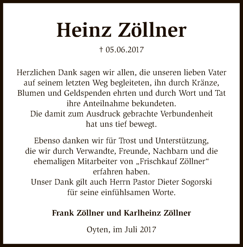  Traueranzeige für Heinz Zöllner vom 05.07.2017 aus SYK