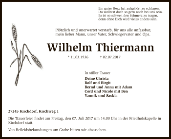 Traueranzeige von Wilhelm Thiermann von SYK