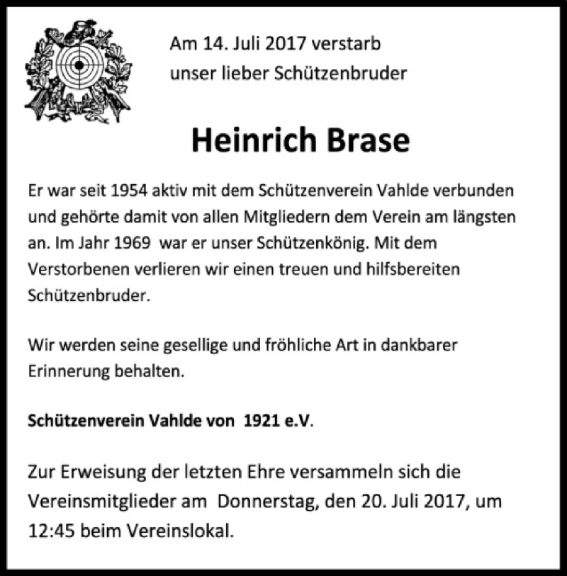  Traueranzeige für Heinrich Brase vom 17.07.2017 aus SYK