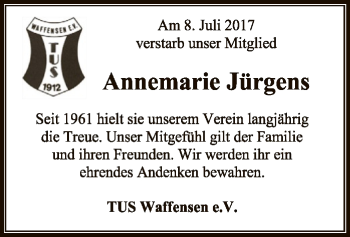 Traueranzeige von Annemarie Jürgens von SYK