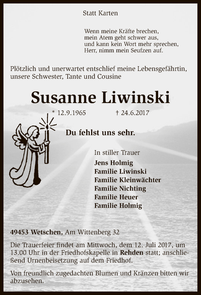  Traueranzeige für Susanne Liwinski vom 08.07.2017 aus SYK