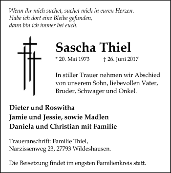 Traueranzeige von Sascha Thiel von SYK