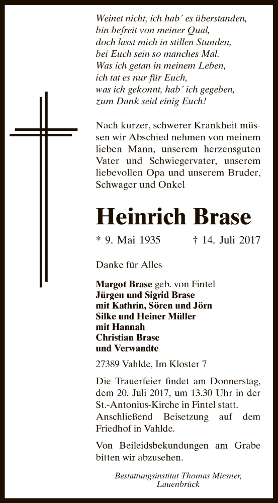  Traueranzeige für Heinrich Brase vom 17.07.2017 aus SYK