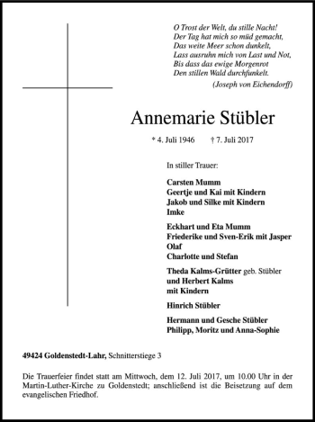 Traueranzeige von Annemarie Stübler von SYK