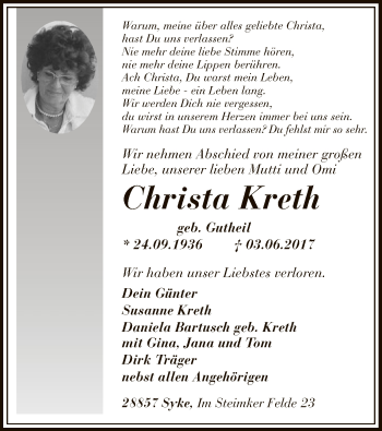 Traueranzeige von Christa Kreth von SYK