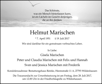 Traueranzeige von Helmut Marischen von SYK