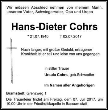 Traueranzeige von Hans-Dieter Cohrs von SYK