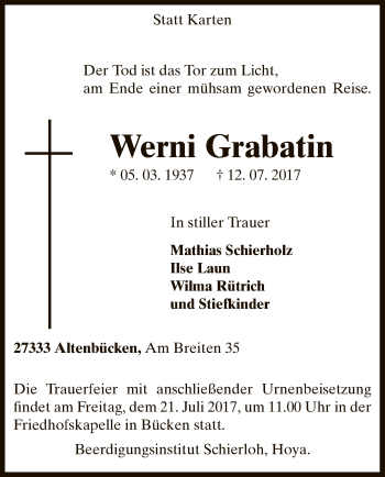 Traueranzeige von Werni Grabatin von SYK