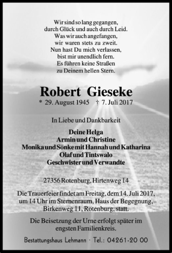Traueranzeige von Robert Gieseke von SYK