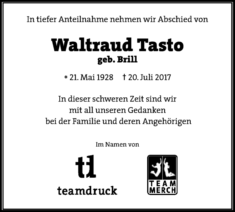  Traueranzeige für Waltraud Tasto vom 25.07.2017 aus SYK