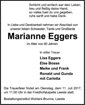 Traueranzeige von Marianne Eggers von SYK