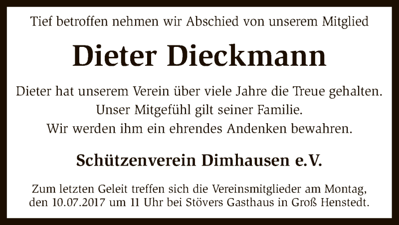  Traueranzeige für Dieter Dieckmann vom 06.07.2017 aus SYK