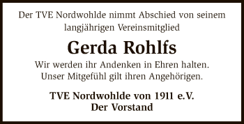 Traueranzeige von Gerda Rohlfs von SYK