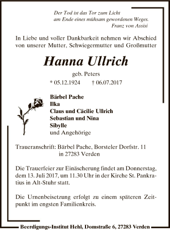 Traueranzeige von Hanna Ullrich von SYK