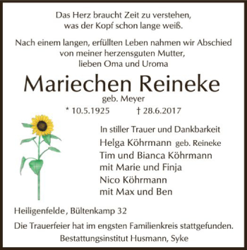 Traueranzeige von Mariechen Reineke von SYK