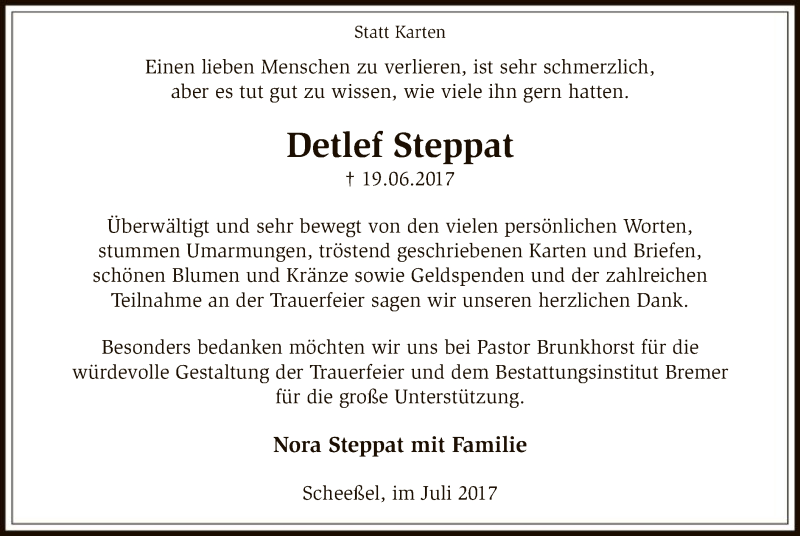  Traueranzeige für Detlef Steppat vom 22.07.2017 aus SYK