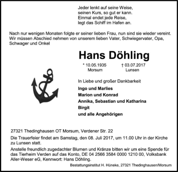 Traueranzeige von Hans Döhling von SYK