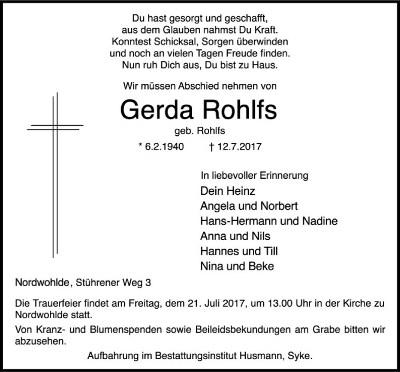  Traueranzeige für Gerda Rohlfs vom 15.07.2017 aus SYK