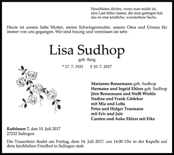 Traueranzeige von Lisa Sudhop von SYK