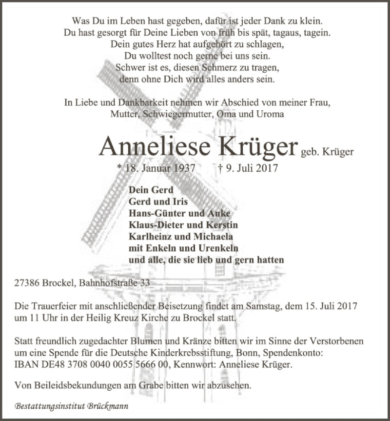  Traueranzeige für Anneliese  Krüger vom 11.07.2017 aus SYK