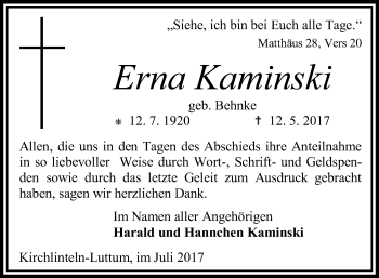 Traueranzeige von Erna Kaminski von SYK