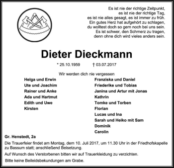 Traueranzeige von Dieter Dieckmann von SYK