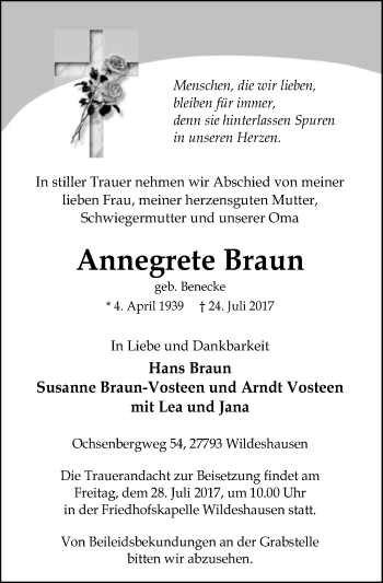 Traueranzeige von Annegrete Braun von SYK
