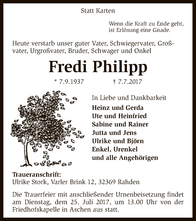  Traueranzeige für Fredi Philipp vom 10.07.2017 aus SYK