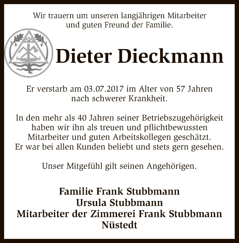  Traueranzeige für Dieter Dieckmann vom 05.07.2017 aus SYK