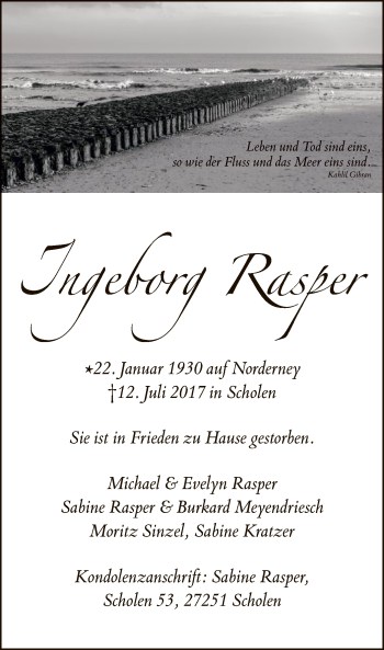 Traueranzeige von Ingeborg Rasper von SYK