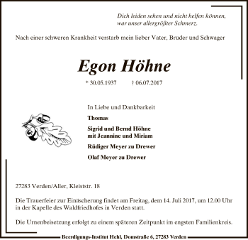 Traueranzeige von Egon Höhne von SYK