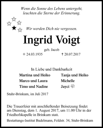 Traueranzeige von Ingrid Voigt von SYK