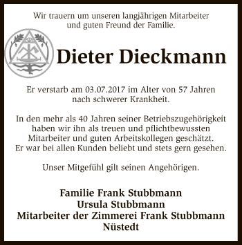 Traueranzeige von Dieter Dieckmann von SYK